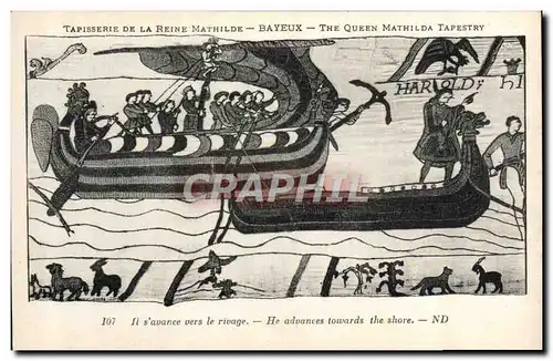 Ansichtskarte AK Tapisserie de la Reine Mathilde Bayeux Harold s&#39avance vers le rivage Bateau