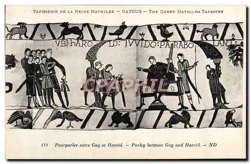 Ansichtskarte AK Tapisserie de la Reine Mathilde Bayeux Pourpaler entre Guy et Harold