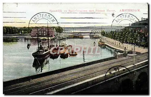 Cartes postales Spoordijk en Spoorbruggen met Binnen Haven Amsterdam Bateaux
