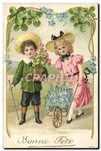 Ansichtskarte AK Fantaisie Enfants Brouette Fleurs Trefles