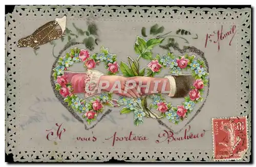 Cartes postales Fantaisie Brodee Fleurs Coeurs