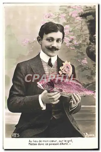 Cartes postales Fantaisie Homme Poisson Au lieu de mon coeur sur le gril