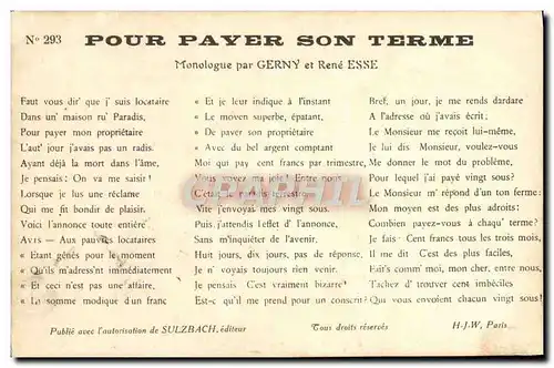 Ansichtskarte AK Pour Payer Son Terme Monologue Par Gerny et Rene Esse