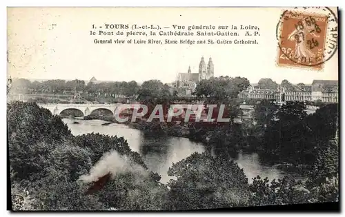 Cartes postales Tours Vue Generale Sur La Loire Le pont de pierre La cathedrale Saint Gatien