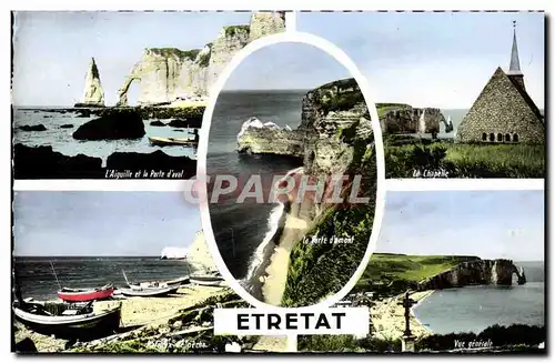 Cartes postales moderne Etretat L&#39aiguille et la porte d&#39aval Bateaux de peche et falaise d&#39aval La chapelle