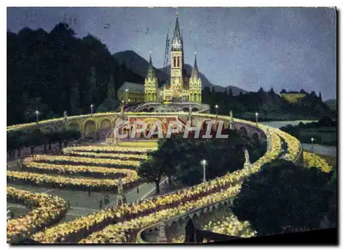 Cartes postales Lourdes La Basilique Illuminee et la procession aux flambeaux