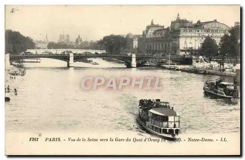 Cartes postales Paris Vue De La Seine Vers La Gare Du Quai d&#39Orsay Notre Dame Bateau peniche