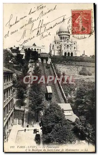 Cartes postales Paris Le Funiculaire et la Basilique du Sacre Coeur de Montmartre