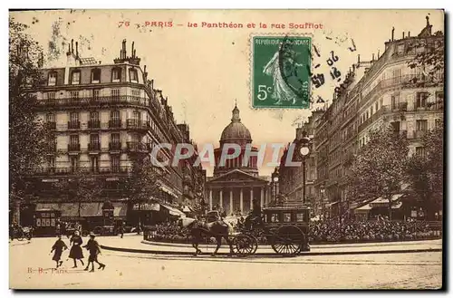 Cartes postales Paris Le Pantheon et la Rue Souffiot Caleche Attelage Cheval