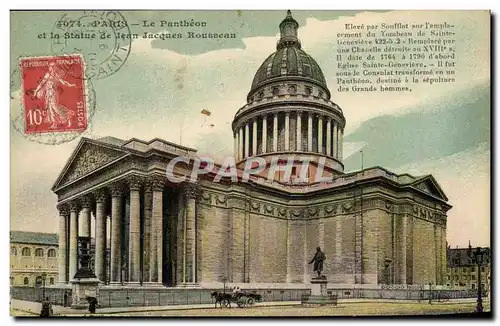 Cartes postales Paris Le Pantheon et la statue de Jean Jacques Rousseau