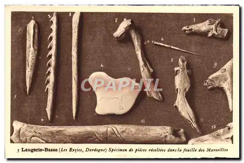 Cartes postales Laugerie Basse Les Eyzies Specimen de pieces recoltees dans la fouille des Marseilles Prehistoir