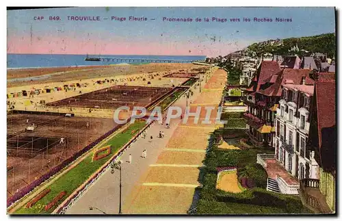 Cartes postales Trouville Plage Fleurie Promenade de la plage vers les roches noires Tennis