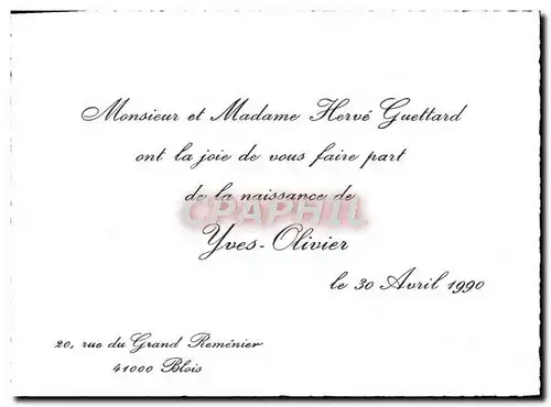 Faire part Naissance Yves Olivier Guettard Rue du Grand Remenier Blois 1990