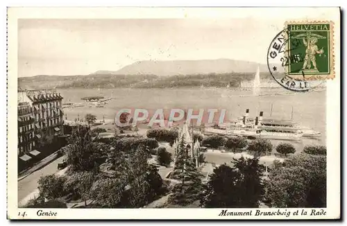 Cartes postales Geneve Monument Brunschwig Et La Rade Bateau