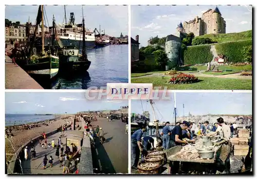 Moderne Karte Dieppe Le Brighton Au fond la chapelle des marins Le chateau La plage Le triage du poisson