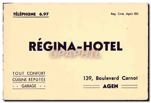 Carte de visite Regina Hotel Boulevard Carnot Agen