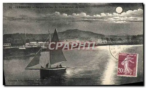 Ansichtskarte AK Cherbourg Barque sortant du port au clair de lune Bateau