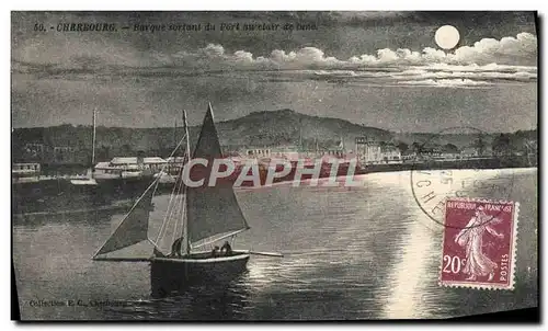 Cartes postales Cherbourg Barque sortant du port au clair de lune Bateau
