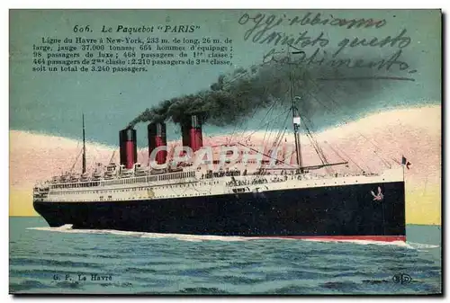 Cartes postales Le Paquebot Paris Ligne du Havre a New York Bateau