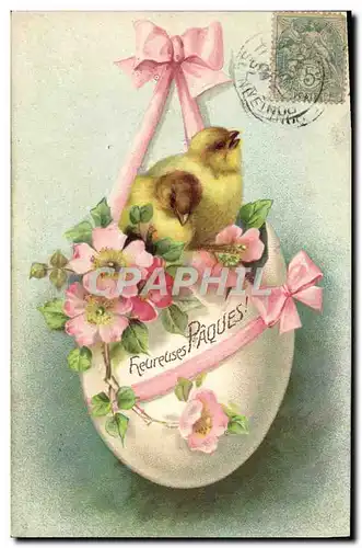 Cartes postales Fantaisie Fleurs Poussins Oeuf Paques
