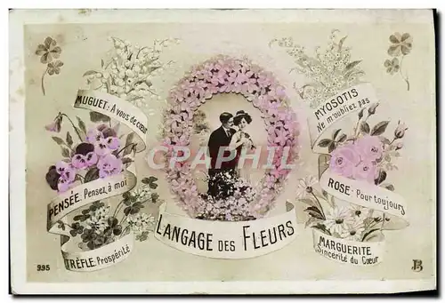 Ansichtskarte AK Fantaisie Femme Langage des fleurs Muguet Pensee Trefle Marguerite Myosotis Rose