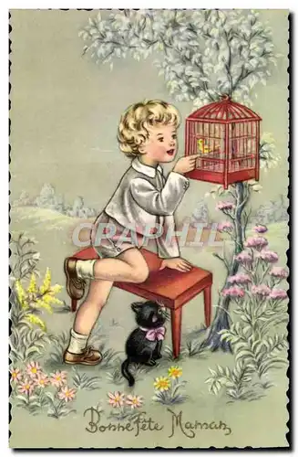 Cartes postales Fantaisie Enfant Chat Chaton Oiseau