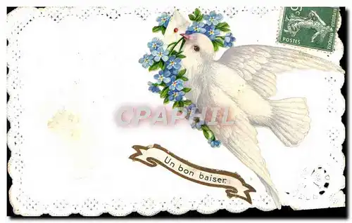 Cartes postales Fantaisie Brodee Fleurs colombe