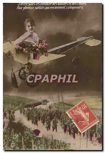 Cartes postales Fantaisie Femme Avion Soldat Militaria