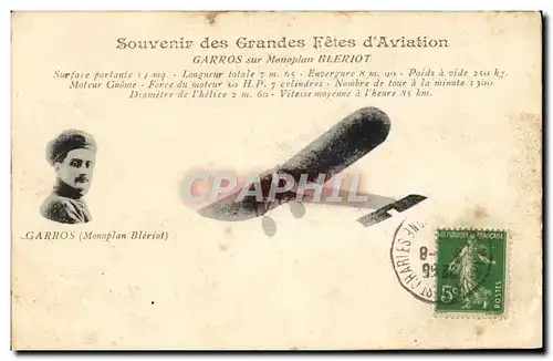 Cartes postales Aviation Avion Souvenir des Grandes Fetes d&#39aviation Garros sur son monoplan Bleriot