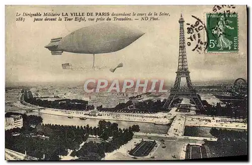 Cartes postales Aviation Dirigeable militaire La Ville de Paris descendant le cours de la Seine Paris Zeppelin