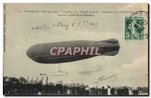 Cartes postales Aviation Dirigeable Zeppelin Ville de Nancy Rentrant au parc de la Chienneraie Societe Astra