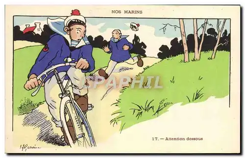 Cartes postales Illustrateur Gervese Nos marins Attention dessous velo Cycle Cylisme