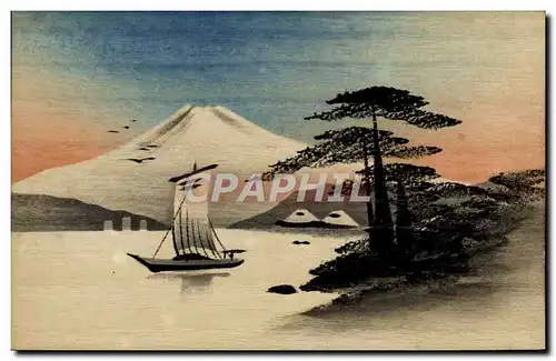 Cartes postales en bois Japon Nippon Barque Paysage