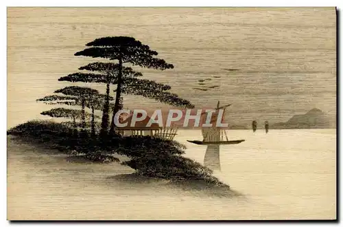 Ansichtskarte AK en bois Japon Nippon Arbre Bateau