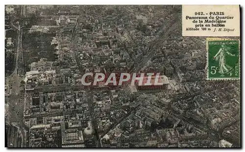 Cartes postales Avion Aviation Paris Panorama du quartier de la Madeleine pris en ballon