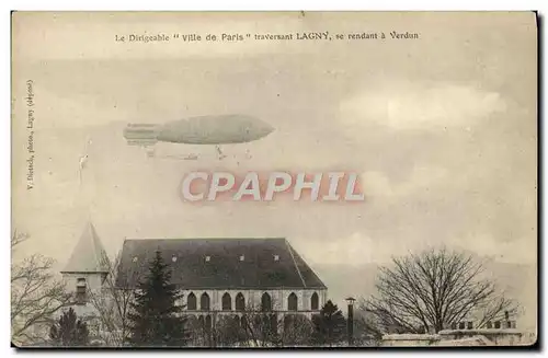 Ansichtskarte AK Avion Aviation Dirigeable Ville de Paris traversant Lagny se rendant a Verdun Zeppelin