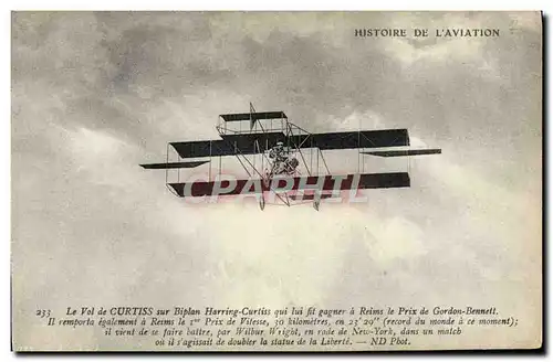 Cartes postales Avion Aviation Le vol de Curtiss sur biplan Harring Curtiss Prix Gordon Bennett