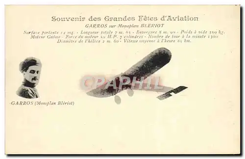 Cartes postales Avion Aviation Souvenir des grandes fetes d&#39aviation Garros sur monoplan Bleriot
