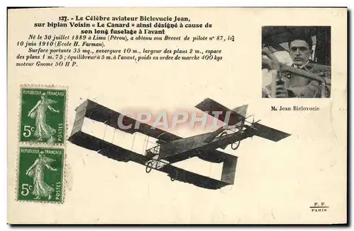 Ansichtskarte AK Avion Aviation Le celebre aviateur Biclovucie Jean Biplan Voisin Le Canard