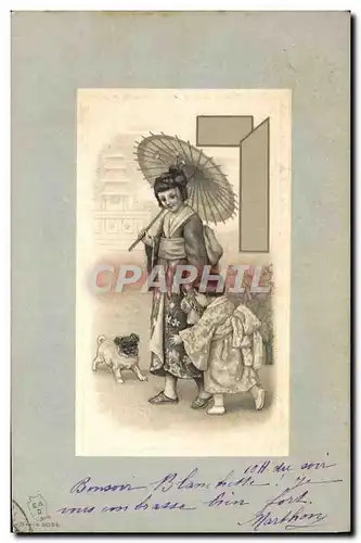 Ansichtskarte AK Japon Nippon Femme Enfant Eventail Chien Chiot