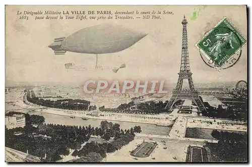 Cartes postales Dirigeable Zeppelin Le dirigeable militaire La Ville de Paris descendant le cours de la Seine To