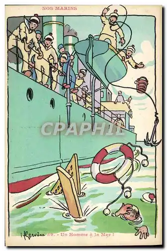 Cartes postales Marins Illustrateur Gervese Bateau Guerre Un homme a la mer