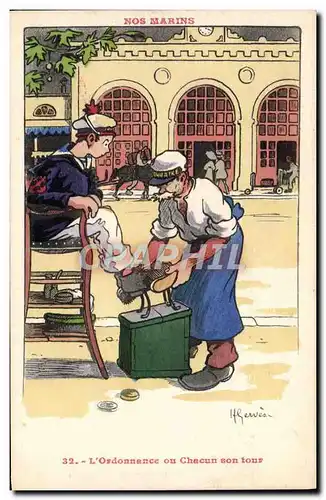 Cartes postales Marins Illustrateur Gervese Bateau Guerre L&#39ordonnance ou chacun son tour Cireur de chaussure