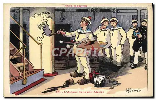 Cartes postales Marins Illustrateur Gervese Bateau Guerre l'auteur dans son atelier Peintre peinture