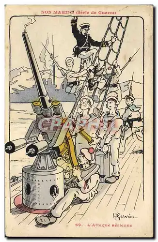 Cartes postales Marins Illustrateur Gervese Bateau Guerre L'attaque aerienne Canon