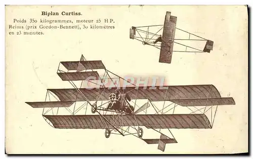 Cartes postales Avion Aviation Biplan Curtiss HP Reims prix Gordon Bennett