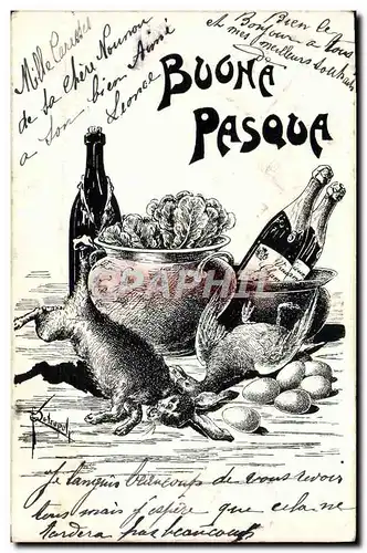 Cartes postales Illustrateur Nuona Pasua Lapin Volaille Table