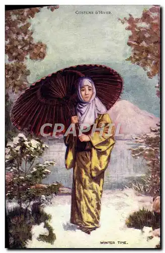 Cartes postales Japon Nippon Costume d&#39hiver Femme Eventail Folklore