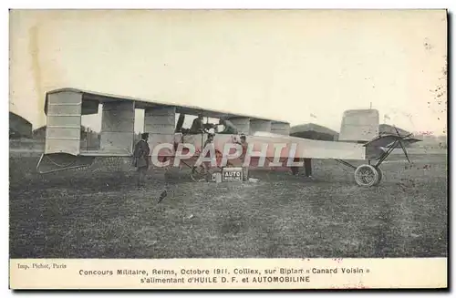 Cartes postales Avion Aviation Concours militaire Reims Octobre 1911 Colliex sur biplan Canard Voisin Huile Auto