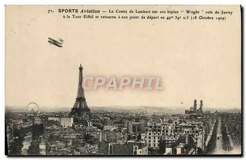 Cartes postales Avion Aviation Le comte de Lambert sur son biplan Wright vole de Juvisy a la Tour Eiffel
